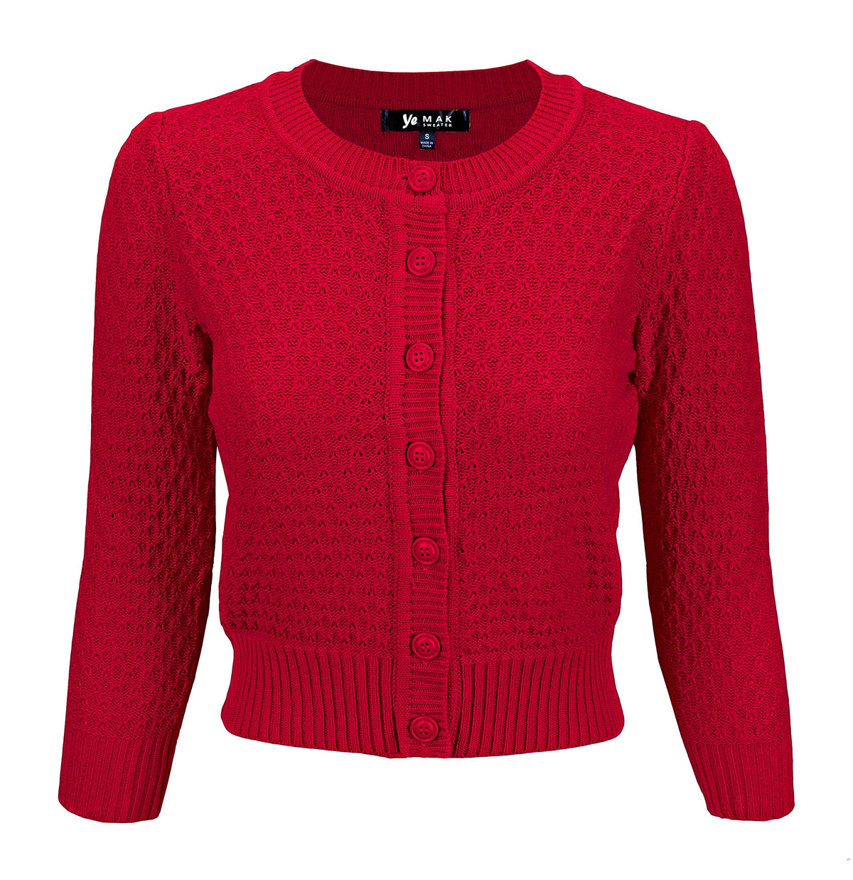YEMAK Women's Cropped 3/4 Sleeve Crewneck Button-Down Cardigan Sweater