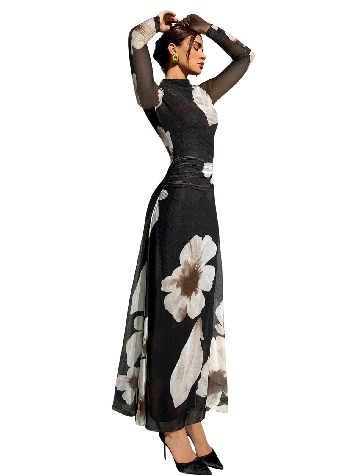 Verdusa Women's Floral Wedding Guest Dress Long Sleeve Mesh Maxi Dresses