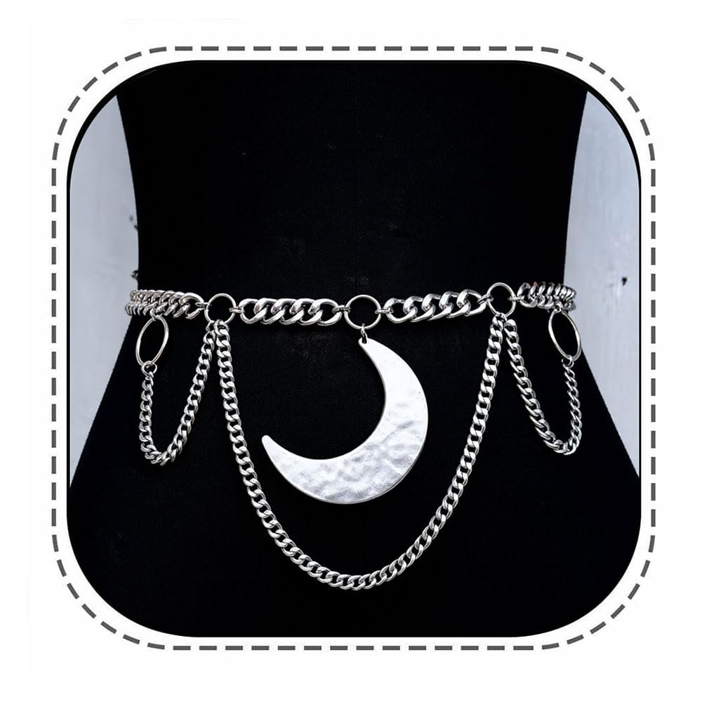 Moon Layered Waist Chain Belt — Punk Gothic Skull Body Chain, Three‑Tier Tassel Waist Harness (Antique Silver or Black)
