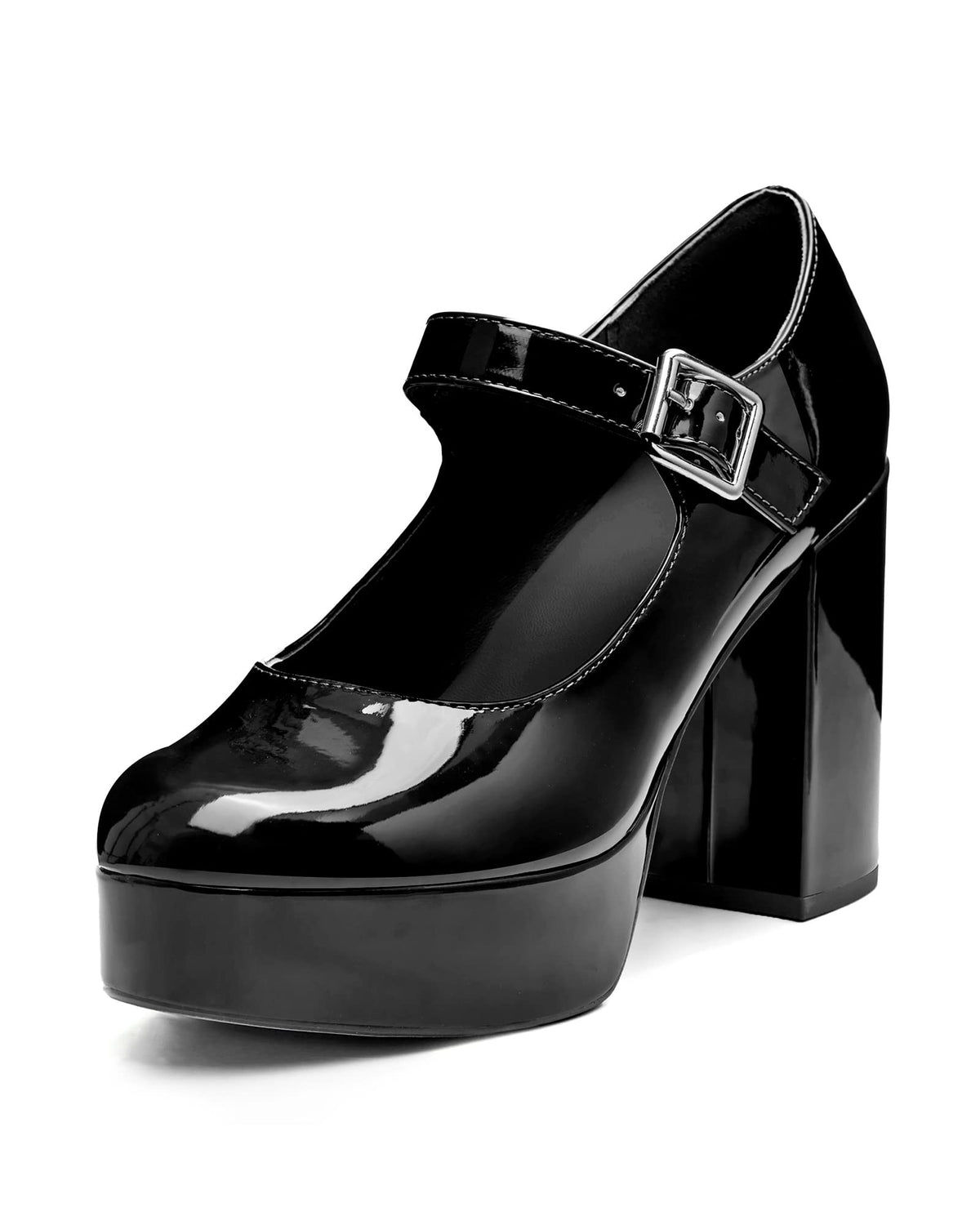 Coutgo Womens' T-Strap Round Toe Chunky Platform Heels Patent Mary Jane Dress Shoes