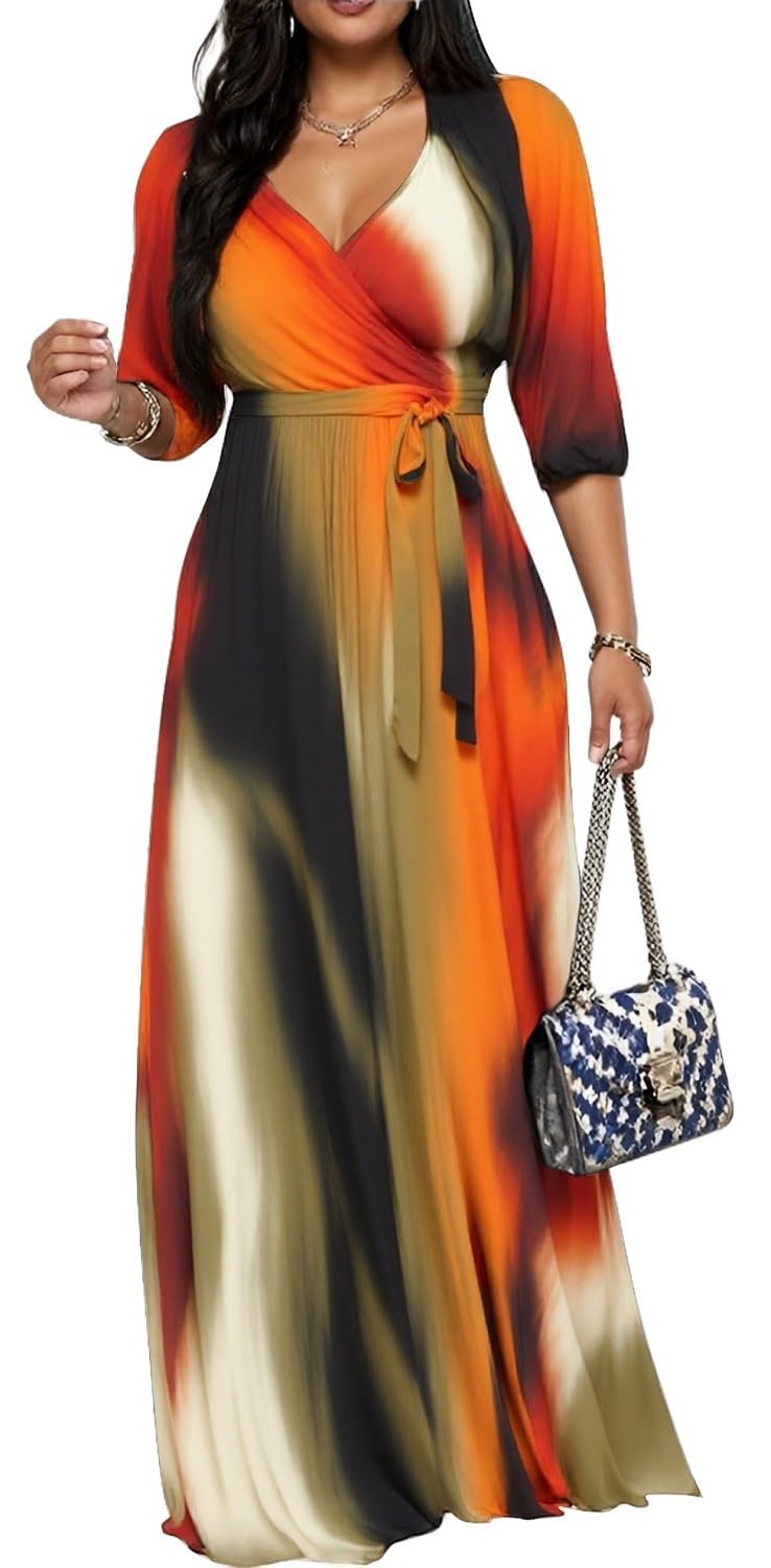 CaniBtr Maxi Dresses for Women Plus Size 3/4 Sleeve Long Dress with Belt