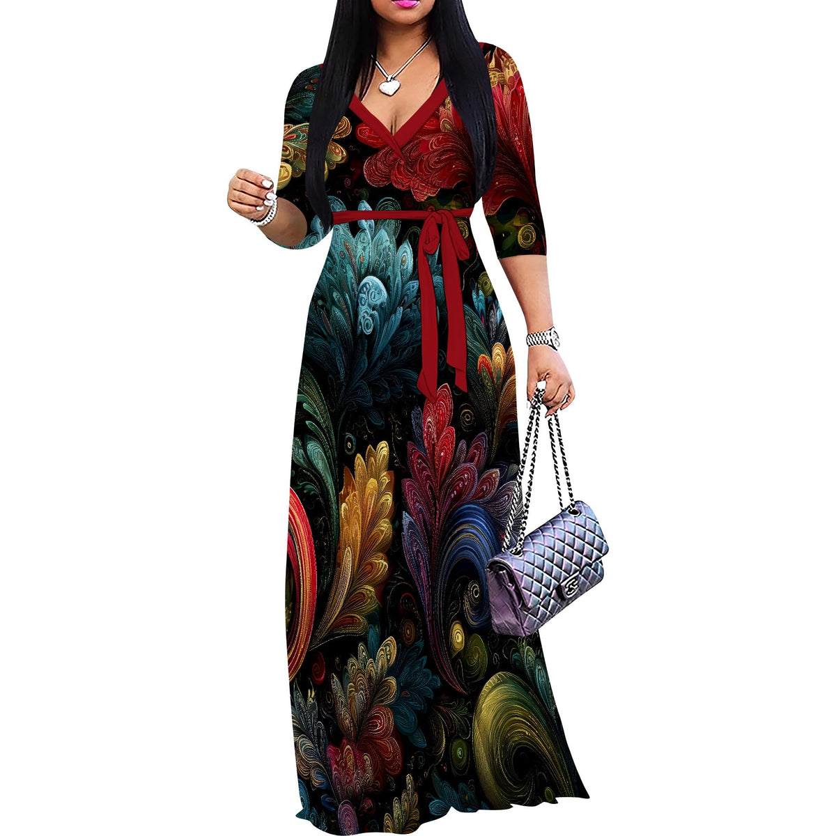 PinkPatty Women's Plus Size V Neck 3/4 Sleeve Boho Maxi Dress with Pockets