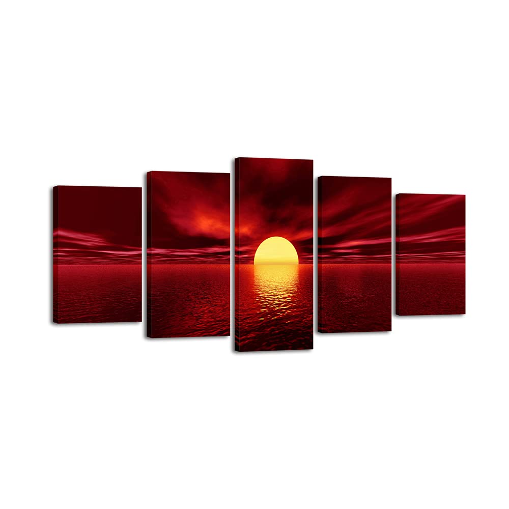 Red Sun 5-Piece Modern Canvas Wall Art
