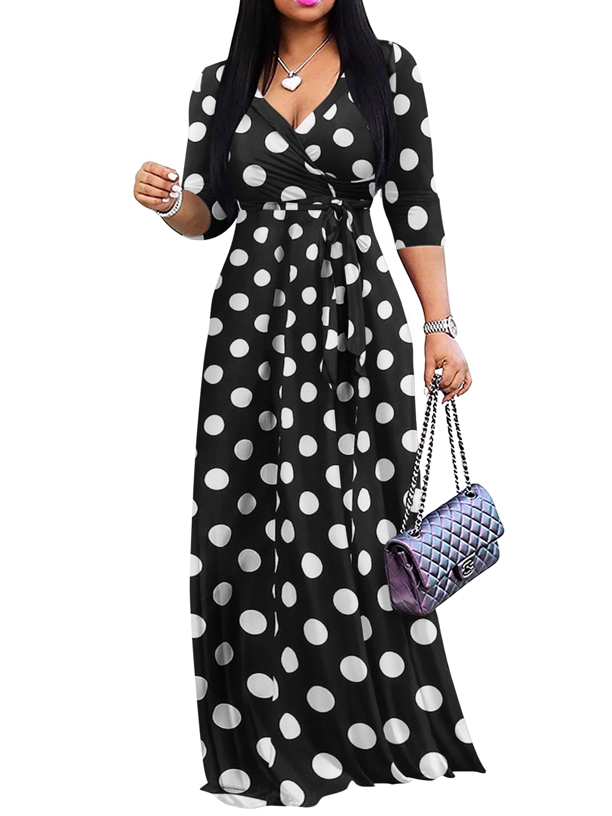 Yajedo Womens Casual Summer Maxi Dress Plus Size Sexy Wrap V Neck 3/4 Sleeve Sundress with Pockets