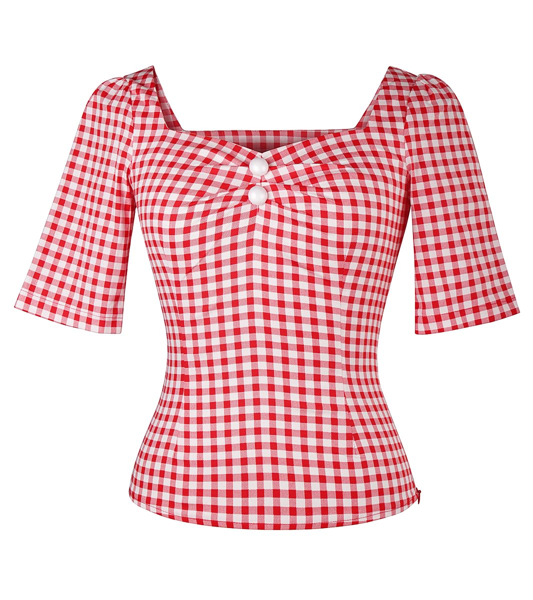 YARN & INK Women's 1950s Pinup Tops, Rockabilly Vintage Blouse Medium Sleeves Sweetheart V-Neck Shirt