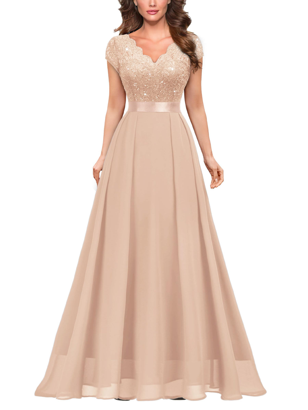 Miusol Women's V-Neck Sequined Floral Lace Formal Evening Maxi Dress