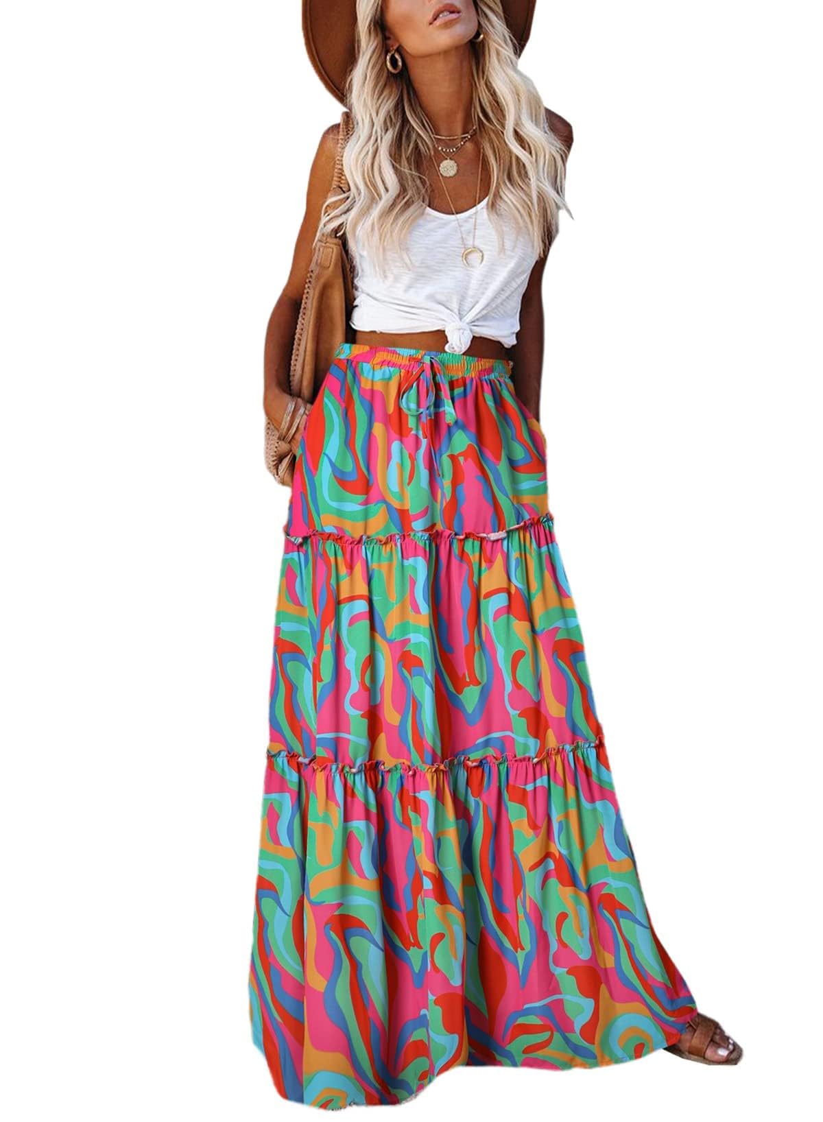 EARKOHA Womens Boho Maxi Skirt 2026 Summer Cruise Casual High Waist Tie Flowy Long Skirt with Pockets For Beach Vacation