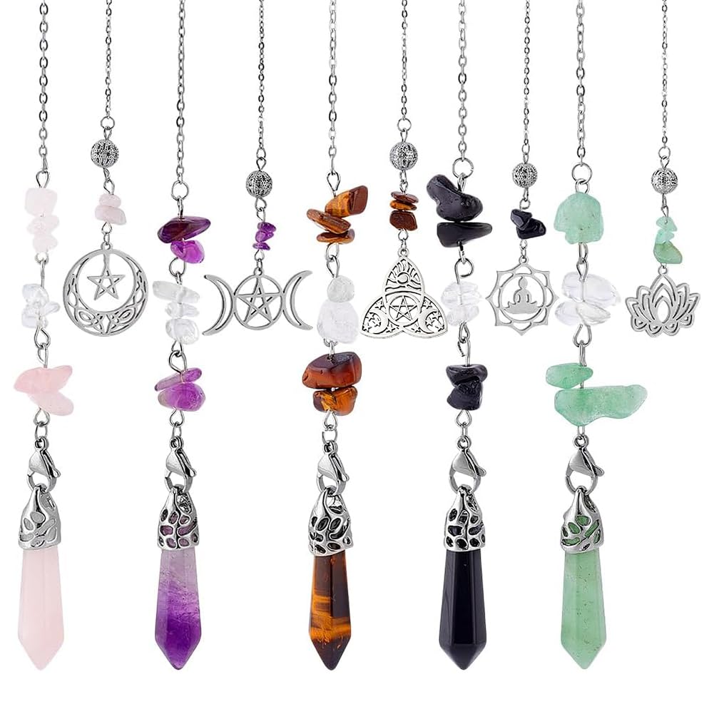 GOMAKERER 5 Pcs Natural Gemstones Pendulum, 5 Styles Crystal Dowsing Pendulum Reki Gemstone Chips Pendulum for Women Man Divination Wicca Meditation