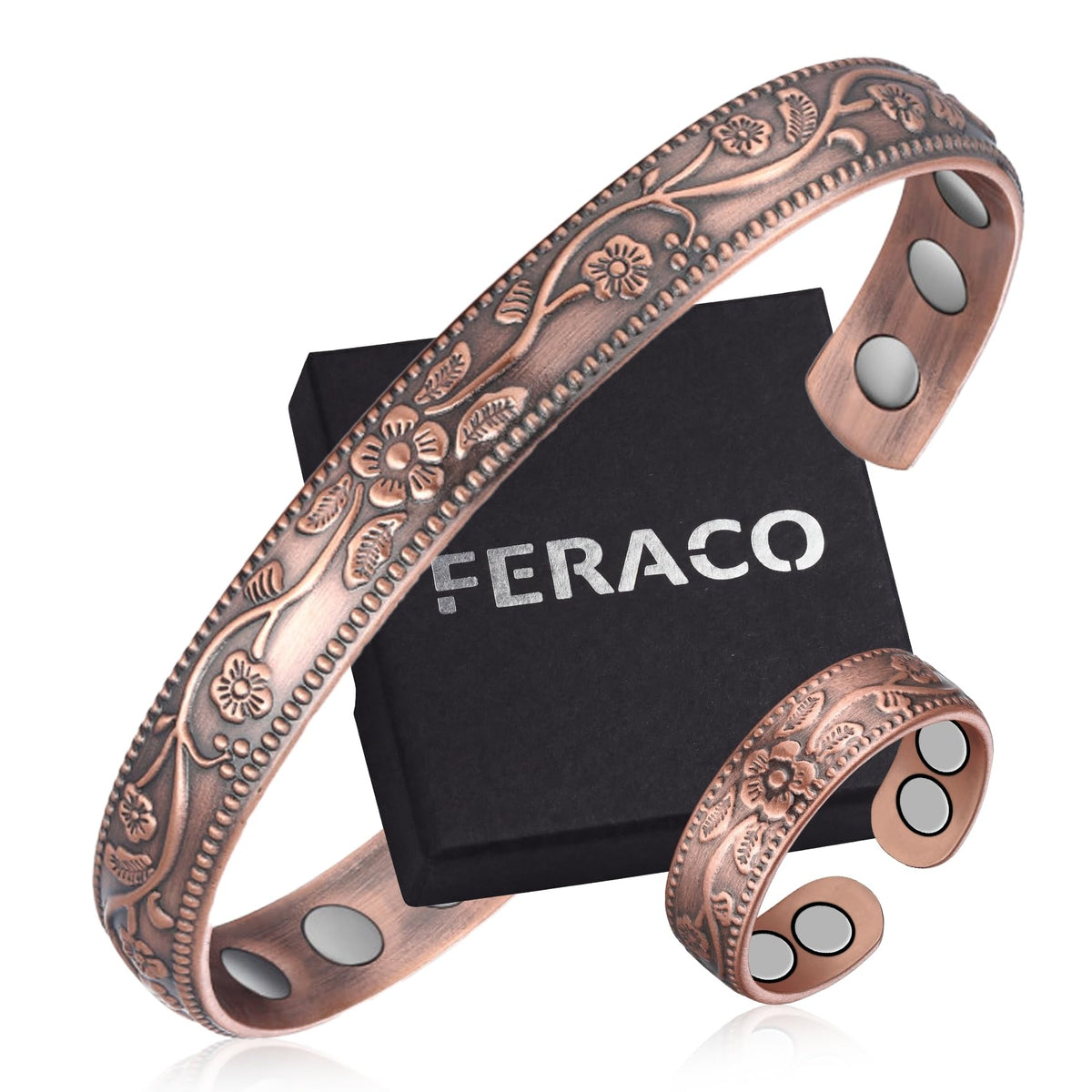 Feraco Copper Bracelet & Rings for Women, Vintage Flower Magnetic Bangle