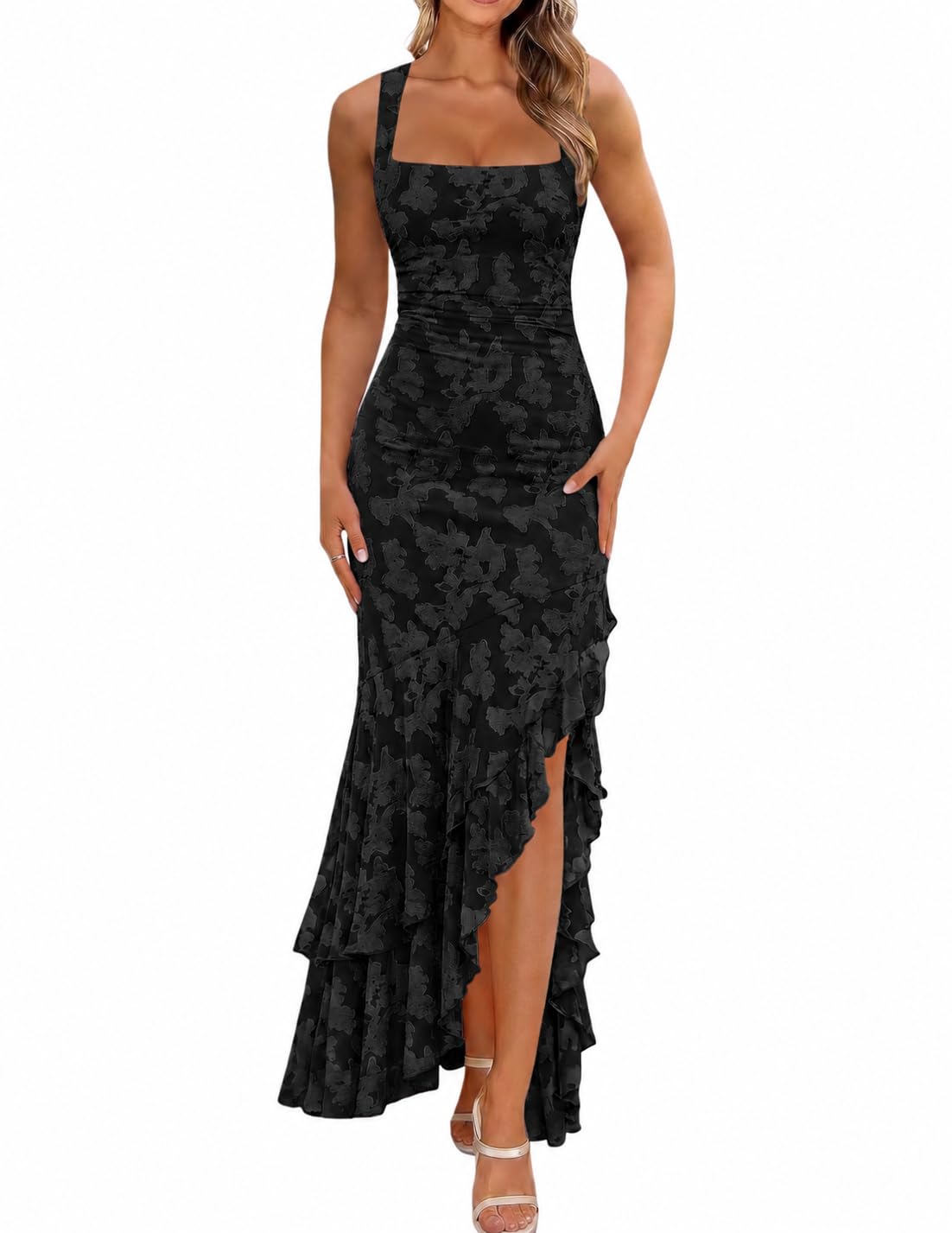 BORIFLORS Women's Elegant Ruched Floral Maxi Wedding Guest Dress