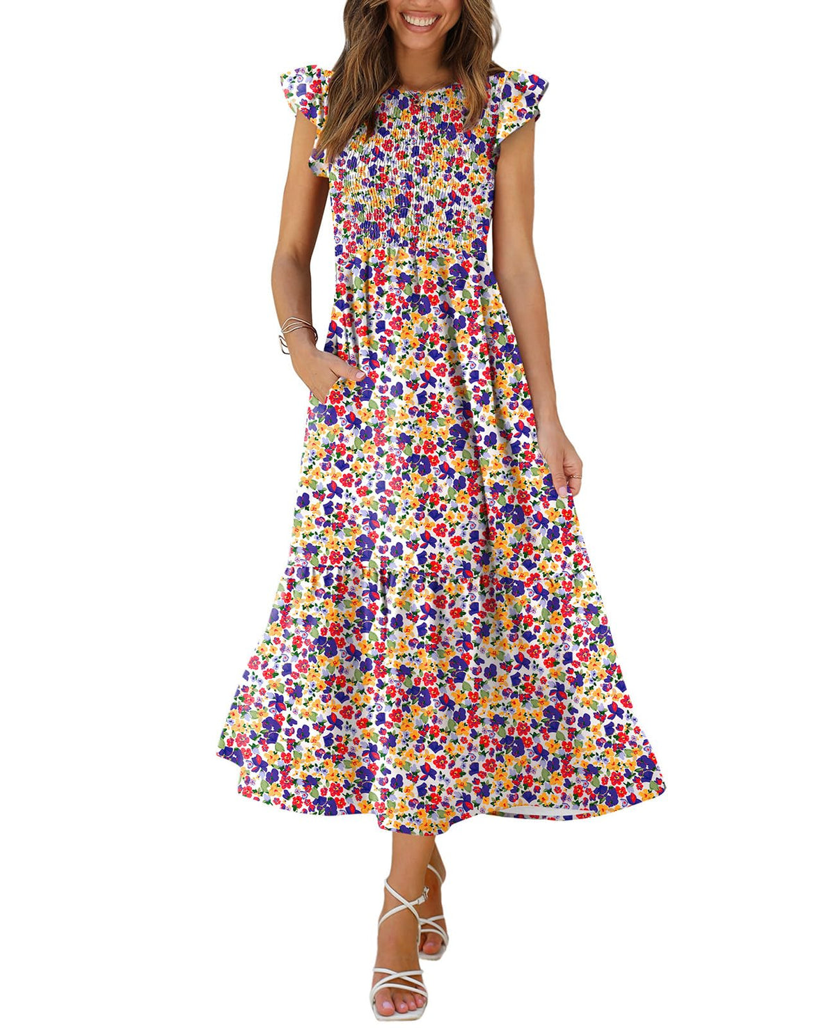 OFEEFAN Women's Casual Maxi Dresses with Pockets Ruffle Sleeve Smocked Dress XS-2XL
