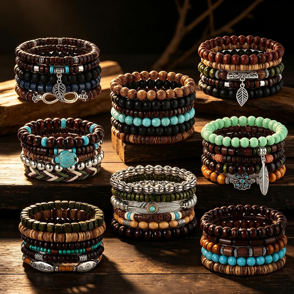 SONNYX 43Pcs Punk Wooden Beads Bracelets Gothic Bracelet for Men