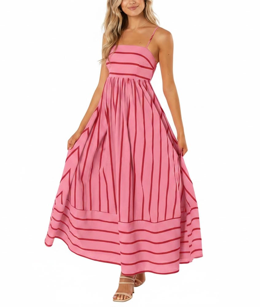 chouyatou Women's Striped Back Smocked Maxi Dress Sexy Spaghetti Strap Cut Out Flowy Swing Long Dress