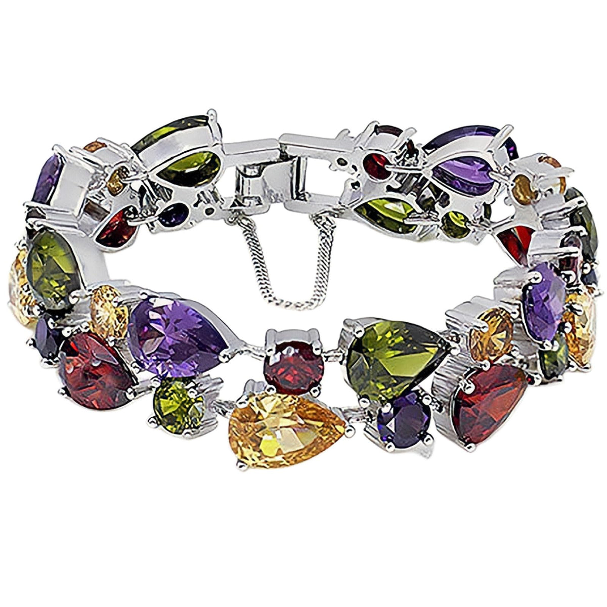 Hermosa Silver Bangle Bracelets For Women Classic Fashion Bracelet with Gemstone Garnet White Topaz Amethyst Citrine Peridot Pink Topza 7 Inches