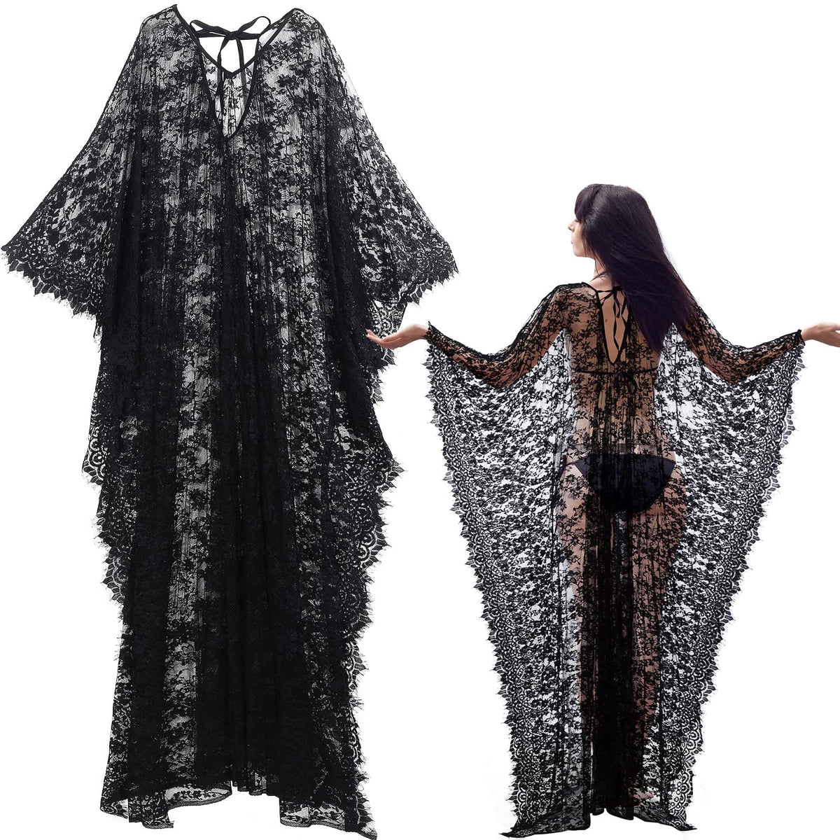 Mepase Boho Witch Lace Kimono Kaftan Dress Robe Beach Bikini Swimsuit