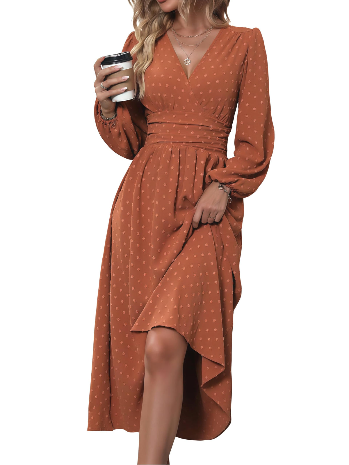 Mettclasi Women's Spring Fall Swiss Dot V-Neck Midi Dress Casual Puff Long Lantern Sleeve A-Line Flowy Wedding Guest Dress