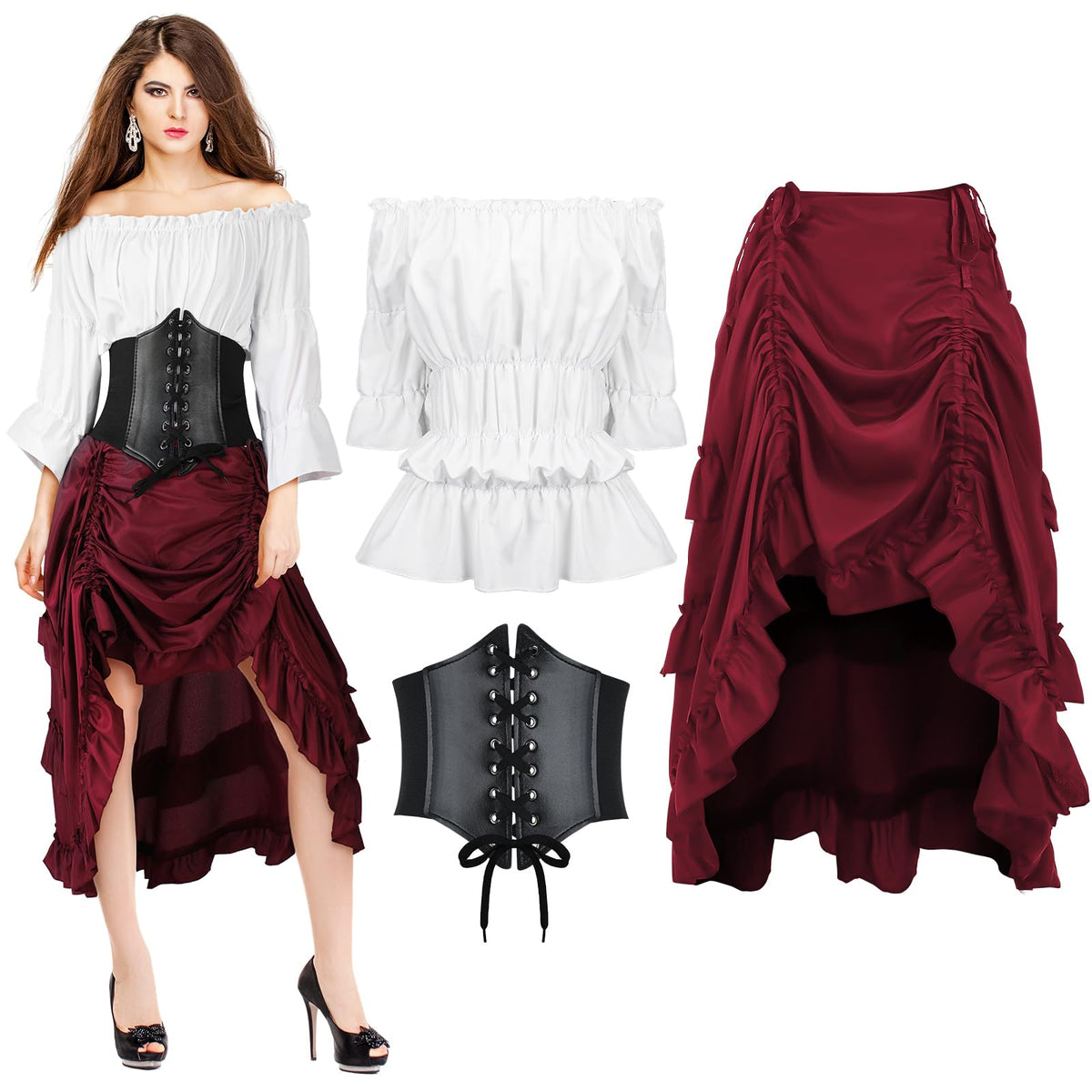 Suhine 3 Pcs Women Renaissance Medieval Pirate Costume
