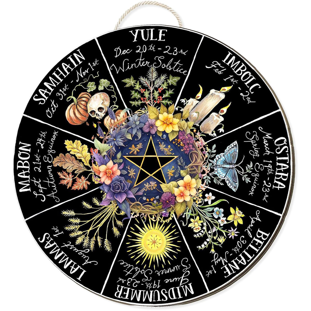 RIVEENY Wheel Of The Year Wall Hanging,12"Wheel Of The Year Wood Sign, Sabbats Pagan Witch Sign, Wiccan Holidays, Wicca Calendar, Yule Altar, Celestial Sign (GJ017)