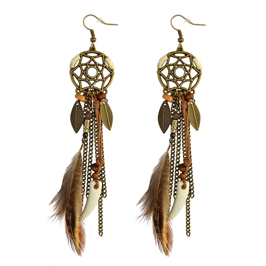 Punk Vintage Long Tassel Feather Beads Drop Wolf Tooth Pendant Earring Fish Hook Earrings Suitable to Wear At All Times