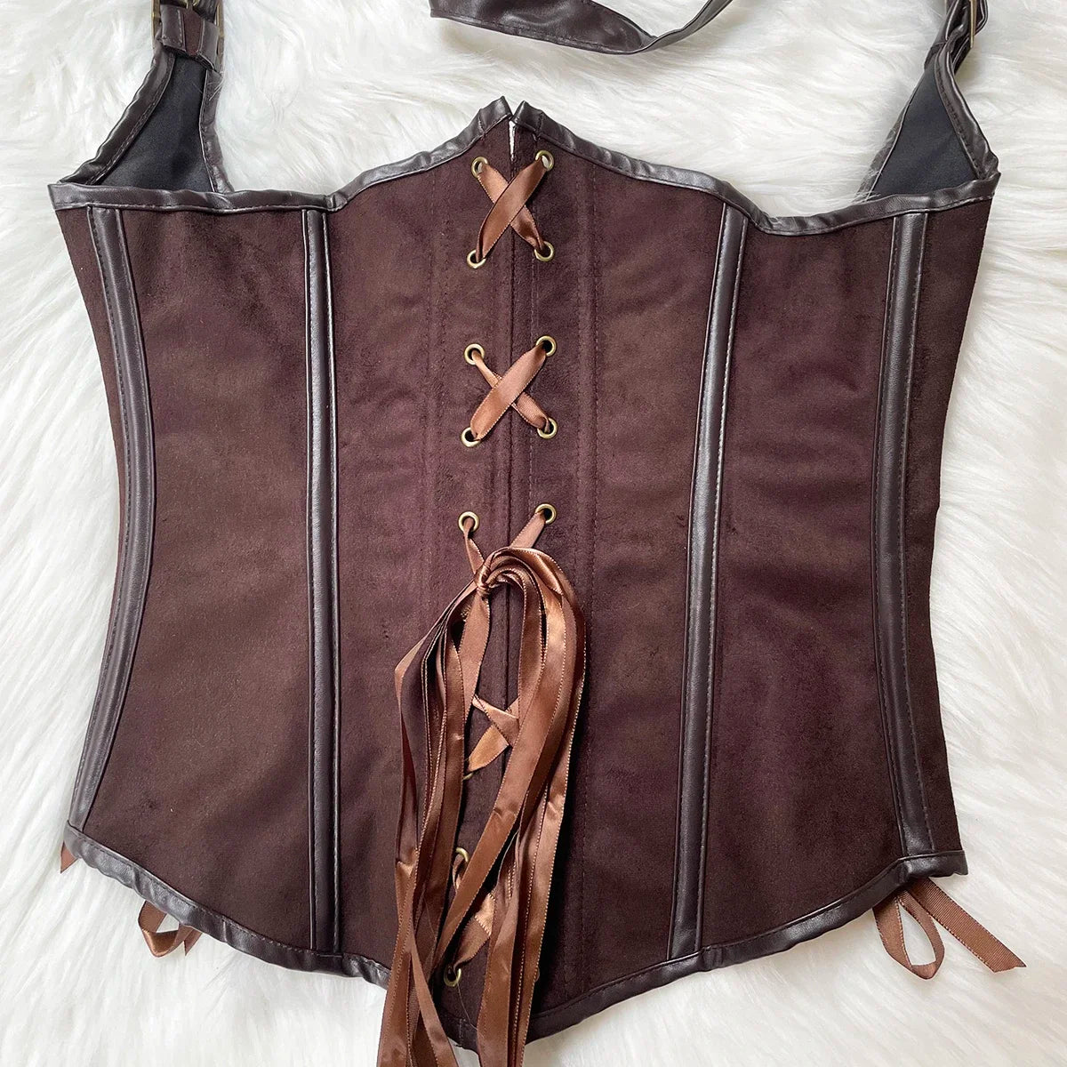 Brown Suede & PU Leather Steampunk Bustier Corset