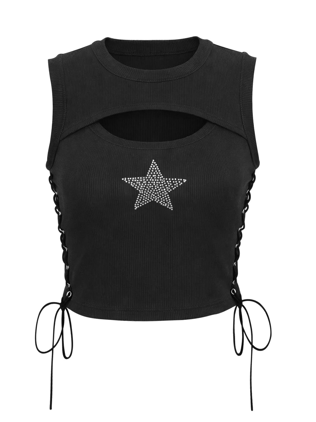 Womens Y2K Gothic Tops Star Sparkly Rhinestone Fitted Crop Tops