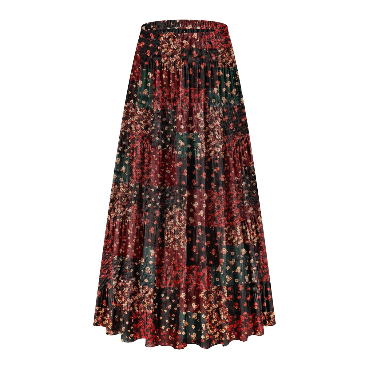 CYiNu Women's Chiffon Elastic High Waist Tiered Pleated Floral Printed A-Line Boho Long Maxi Skirts