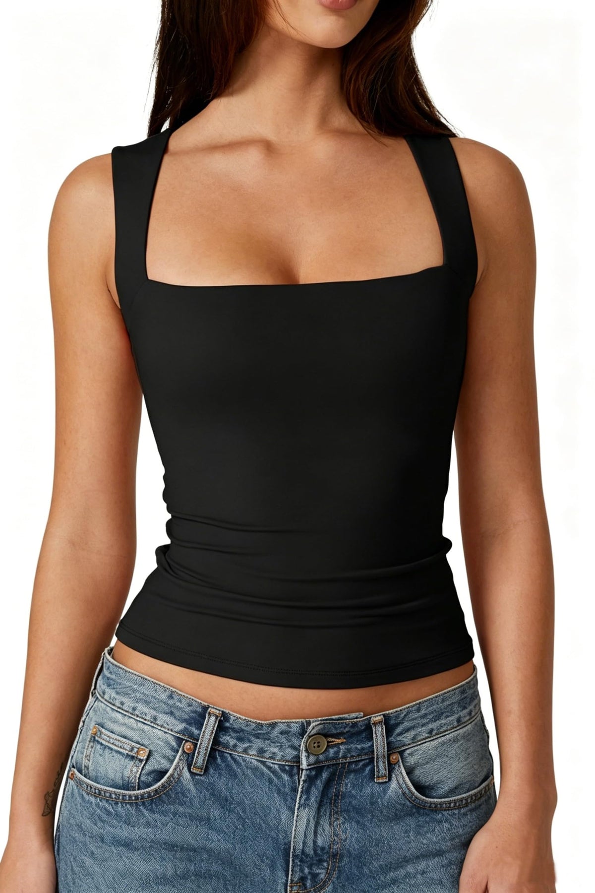 QINSEN Women's Square Neck Sleeveless Double-Layer Tank Tops Basic Tight T Shirts