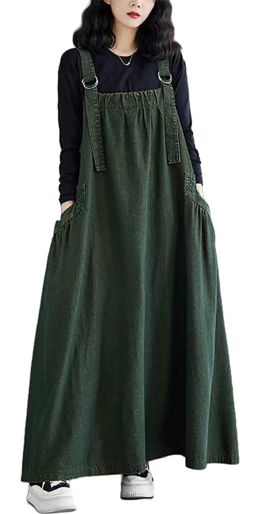 Boho Jumper Dress for Women Loose Overall Pinafore Dresses Adjustable Straps Wide Hemline with Pockets Baggy Style