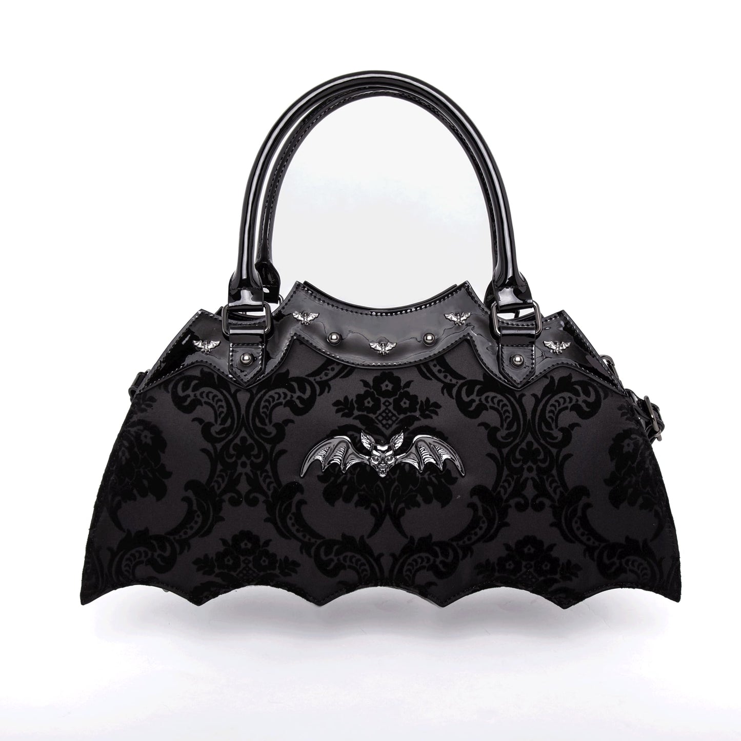 Bat Shaped Damask Handbag with Metal Embellishments