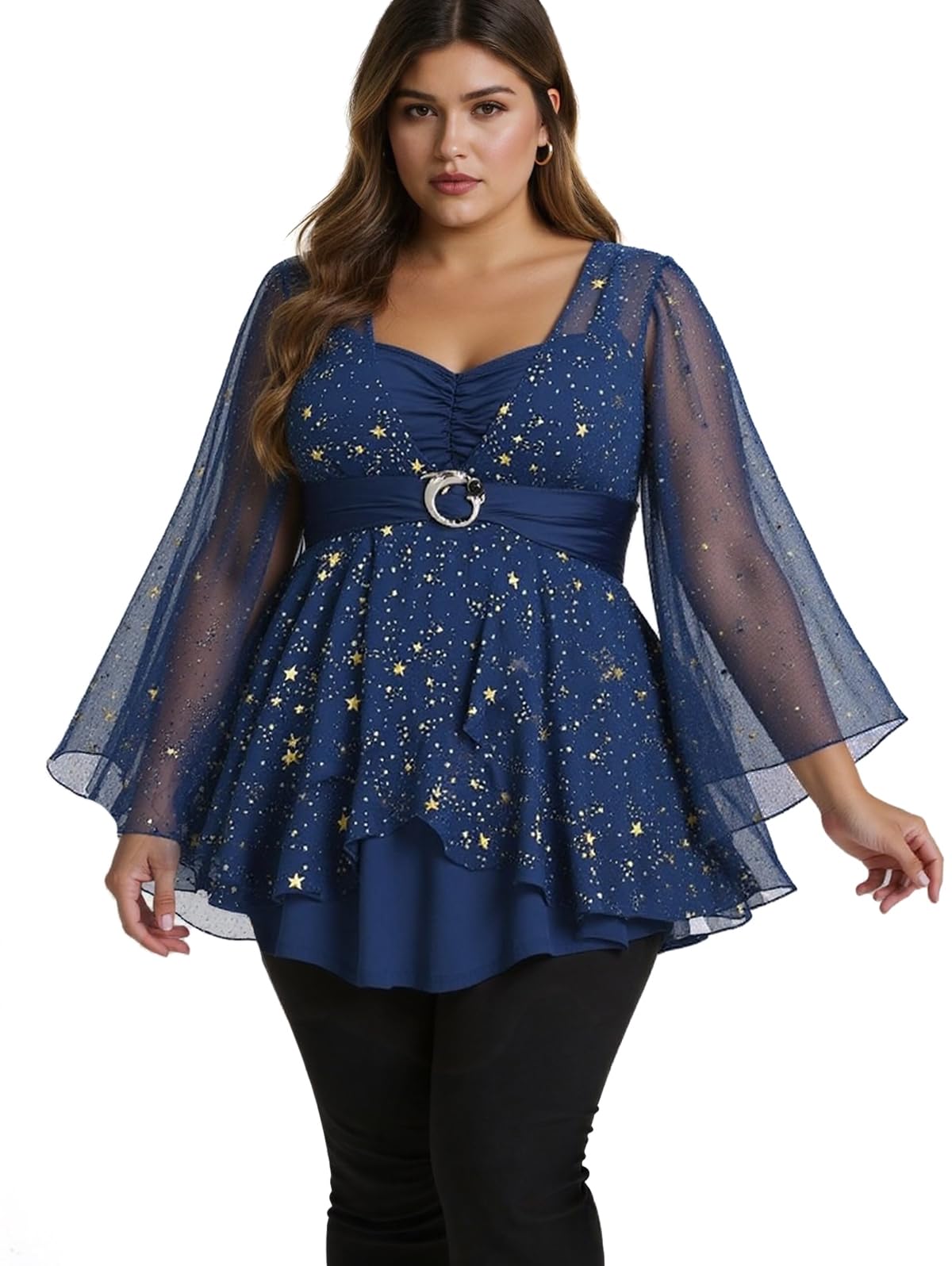 Rosegal Women Plus Size Sparkly Star Bell Sleeve Top