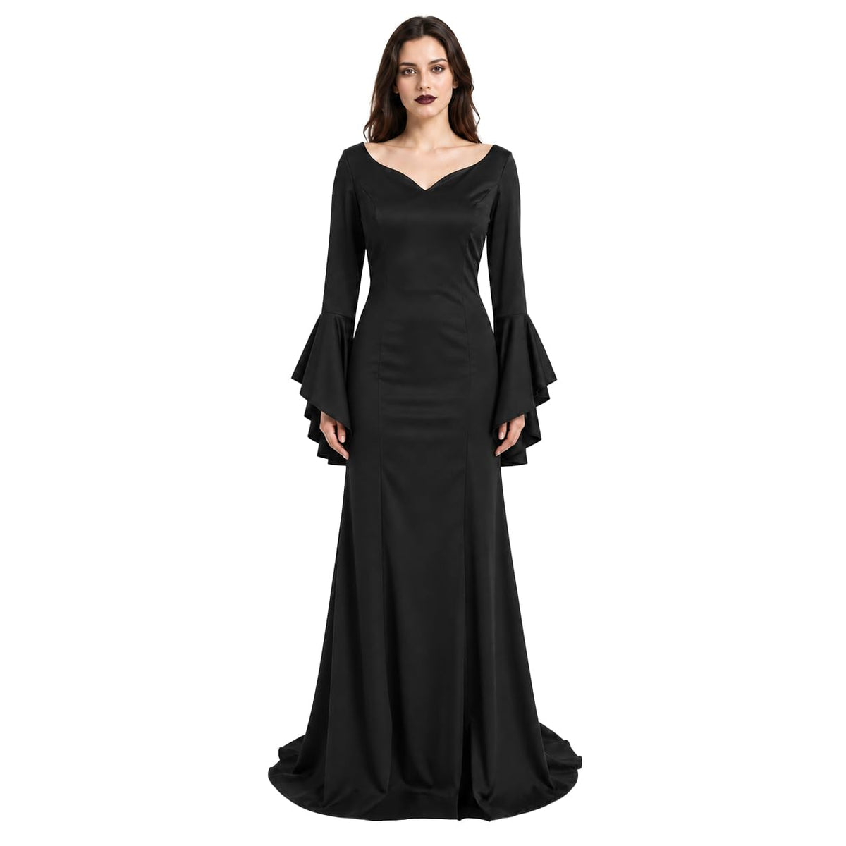 JEGERMIG Black Gothic Maxi Dress, V-Neck Flared Sleeves Halloween Costume