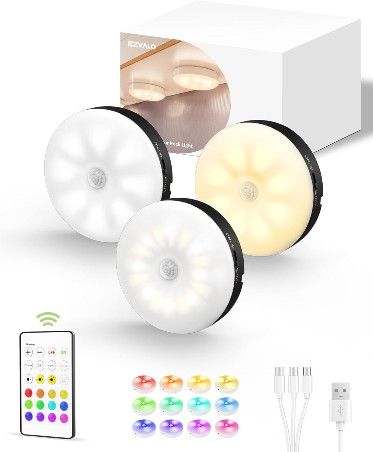Ezvalo 6-pack Under Cabinet Lighting, Rechargeable Motion Sensor Puck LED Light for Kitchen, Home...