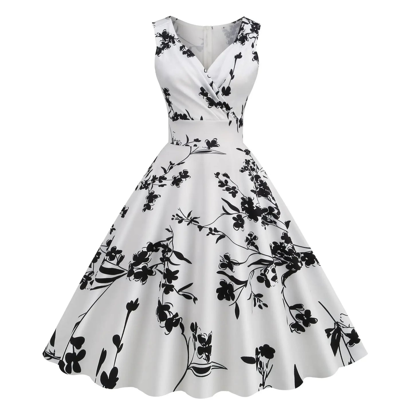 Floral Vintage Swing Dress - V-Neck Sleeveless - 1950s Rockabilly Pin-Up Style