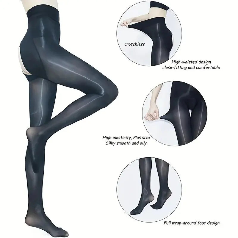 8D Oil Gloss High Waist Open Pantyhose