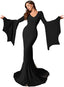 Gothic Mermaid Evening Dress Witch Halloween Morticia Addams Costume, V-Neck Bell Sleeves, Black Lace Train, Floor Length