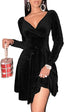 Womens Wrap V Neck Long Sleeve Velvet Glitter A Line Cocktail Party Swing Fit and Flare Skater Mini Dress