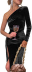 YMDUCH Women's One Shoulder Long Sleeve Ruched Slit Party Dress