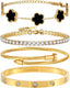 18K Gold Plated Bangle Bracelet Set for Women Stackable Lucky Floral Adjustable Tennis Bracelet Non Tarnish Gift Jewelry for Christmas Valentines Birthday Mother's Day