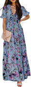 BLENCOT Womens Casual Boho Floral Printed V Neck Short Sleeve Long Evening Dress Ruched Cocktail Party Maxi Wedding Dress