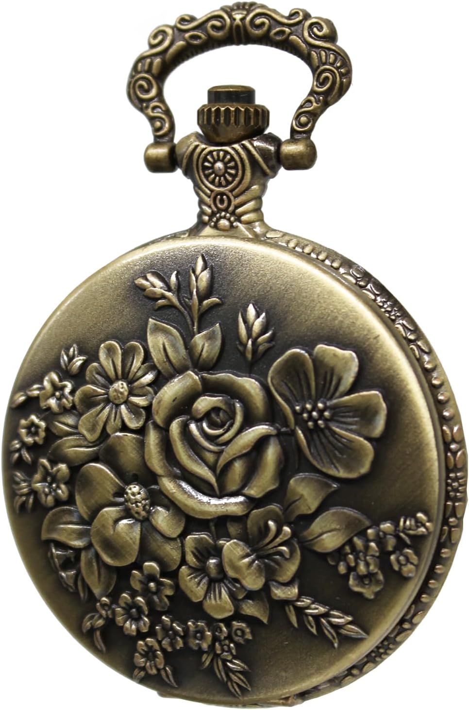 Vintage Quartz Pocket Watch with Flower Pattern Cover and Chain for Wo