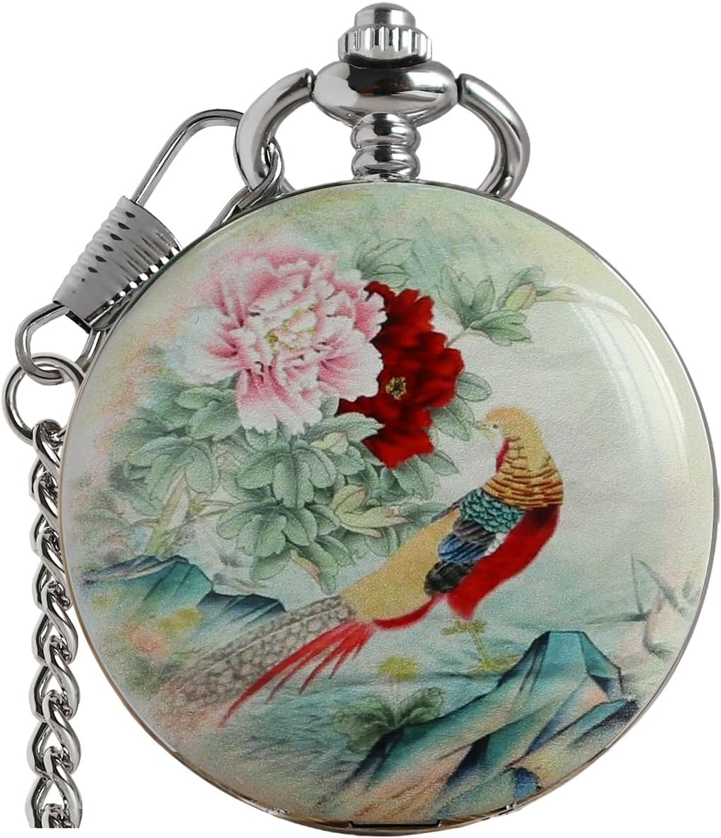 Vintage Floral Bird Manual Mechanical Pocket Watch for Men & Women - E