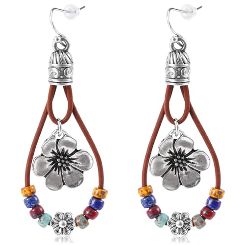 Western Leather Flower Dangle Earrings with Natural Stones