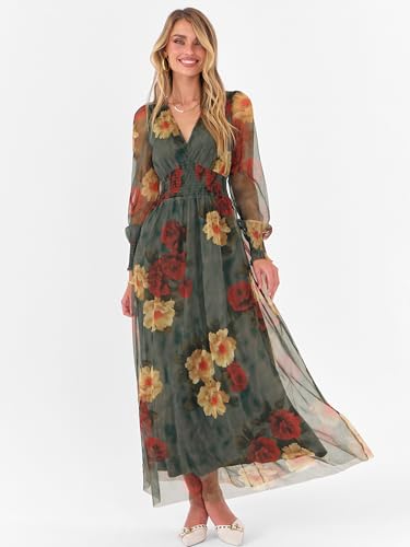 ANRABESS Women's Fall Wedding Guest Tulle Floral Long Sleeve Maxi Dress