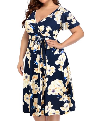 Pinup Fashion Plus Size Wedding Guest Semi Formal Cocktail Wrap Knee Dress | Knit, faux wrap v-neck, short ruffle sleeves, empire waist, removable belt, knee-length, wedding guest, semi formal, easter