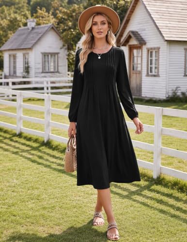 Zeagoo Fall Dresses for Women Long Sleeve Midi Dress Casual A Line Dresses 2026 Pleated Flare Dress with Pockets