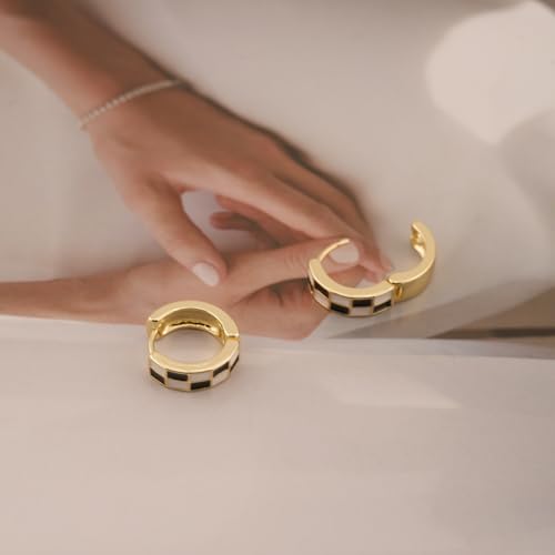 Checker Cartilage Hoops Teacher Earrings for Women White Black Enamel Gold