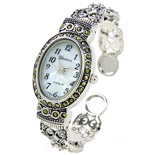 Silver Black Vintage Style Marcasite Crystal Oval Face Women's Bangle Main image
