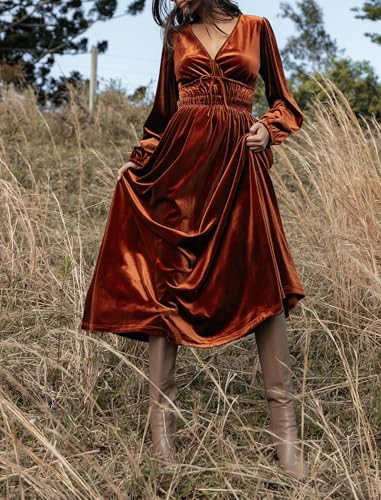 ZAFUL Women's V Neck Velvet Midi Dress Long Sleeve Formal Cocktail Dress