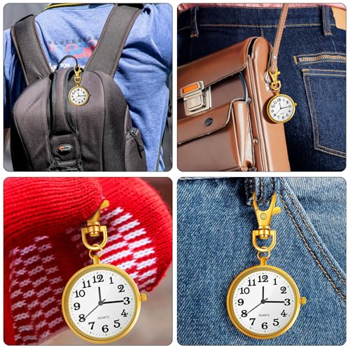 2 Pieces Quartz Pocket Watch with Key Buckle Round Keychain Clip on Wa