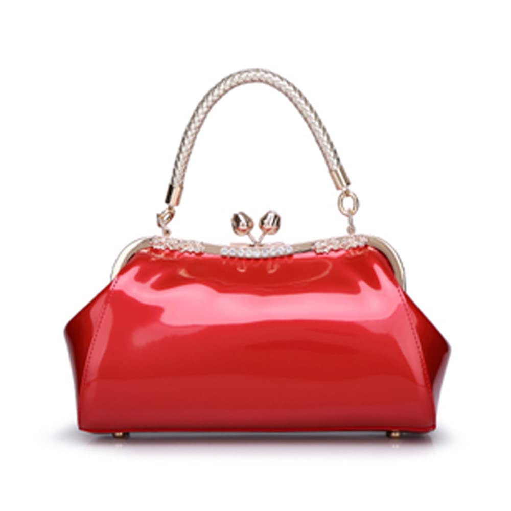 Glossy Patent Leather Evening Bag — Braided Handle Kiss Lock Handbag